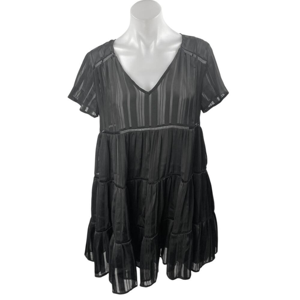 Urban Outfitters Black V-neck Short Sleeve Tiered Sheer Mini A-line Dress Size S